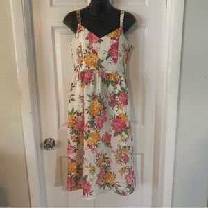 Floral 100% Linen Small Spaghetti-Strap Midi Dress - White Pink & Yellow Flowers